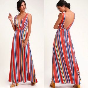 Lulu’s Elianna Rainbow Stripe Backless Maxi
Dress— Medium